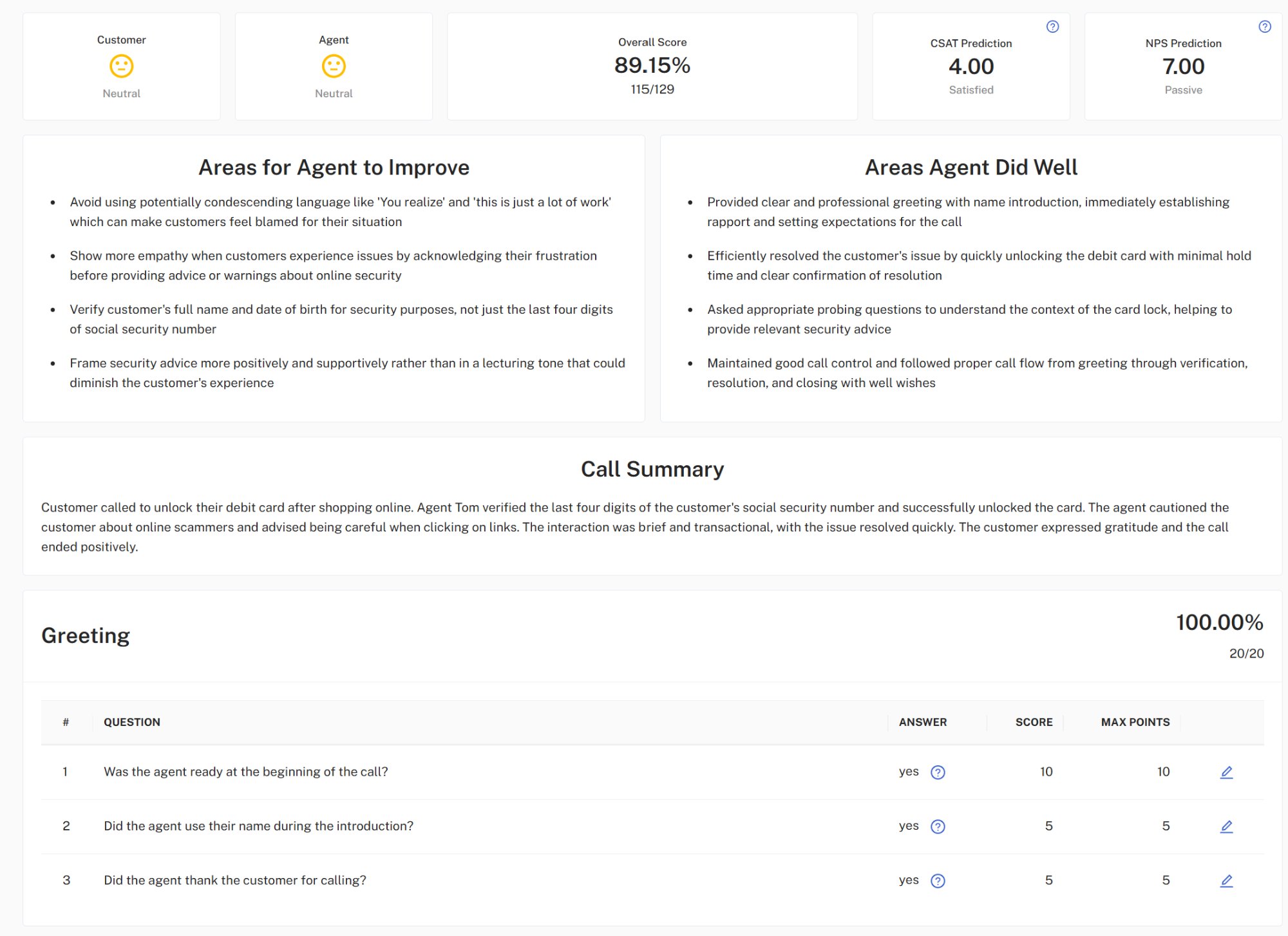 OttoQA Dashboard showing real call scoring: 89.15% overall score, CSAT prediction 4.00, NPS prediction 7.00, with coaching insights and call summary