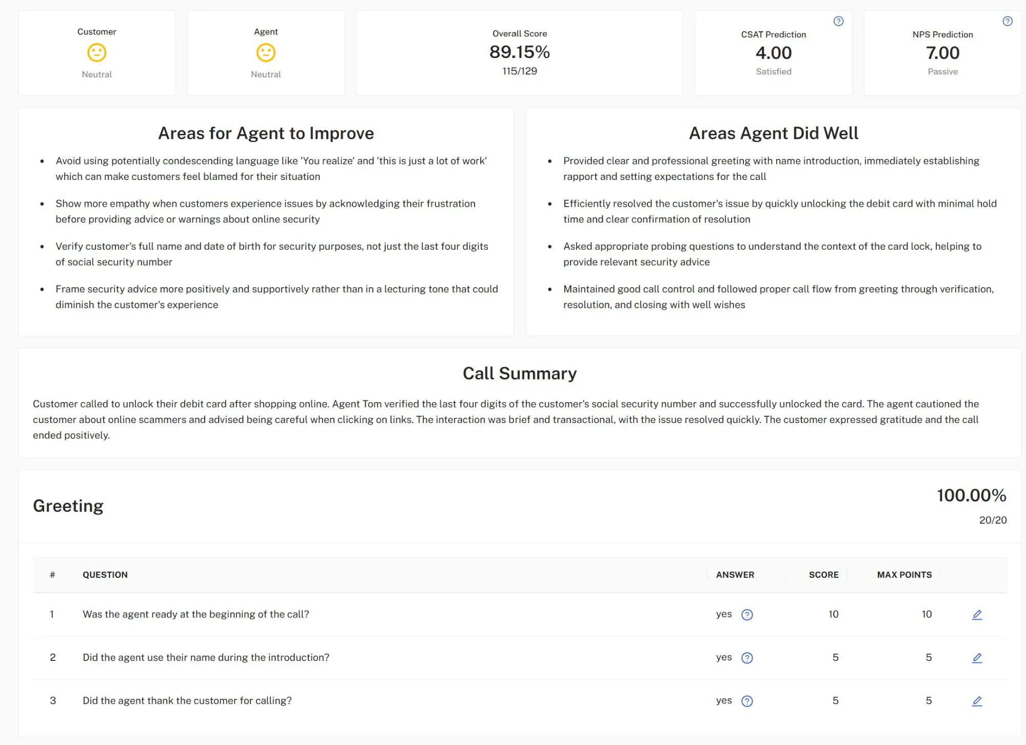 OttoQA Dashboard showing real call scoring: 89.15% overall score, CSAT prediction 4.00, NPS prediction 7.00, with coaching insights and call summary